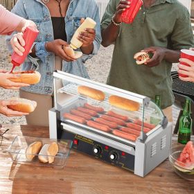 Hot Dog Roller 5 Rollers 12 Hot Dogs Capacity, 750W Stainless Sausage Grill Cooker Machine With Dual Temp Control Glass Hood Acrylic Cover Bun Wa (Option: Silver)