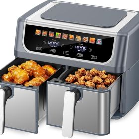 9.5 Quart Large Dual Basket Air Fryer with Double Basket, Independent Temp Control & Sync Mode, 10 Presets (Bake/Broil/Defrost/Dehydrate) (Color: Gray)